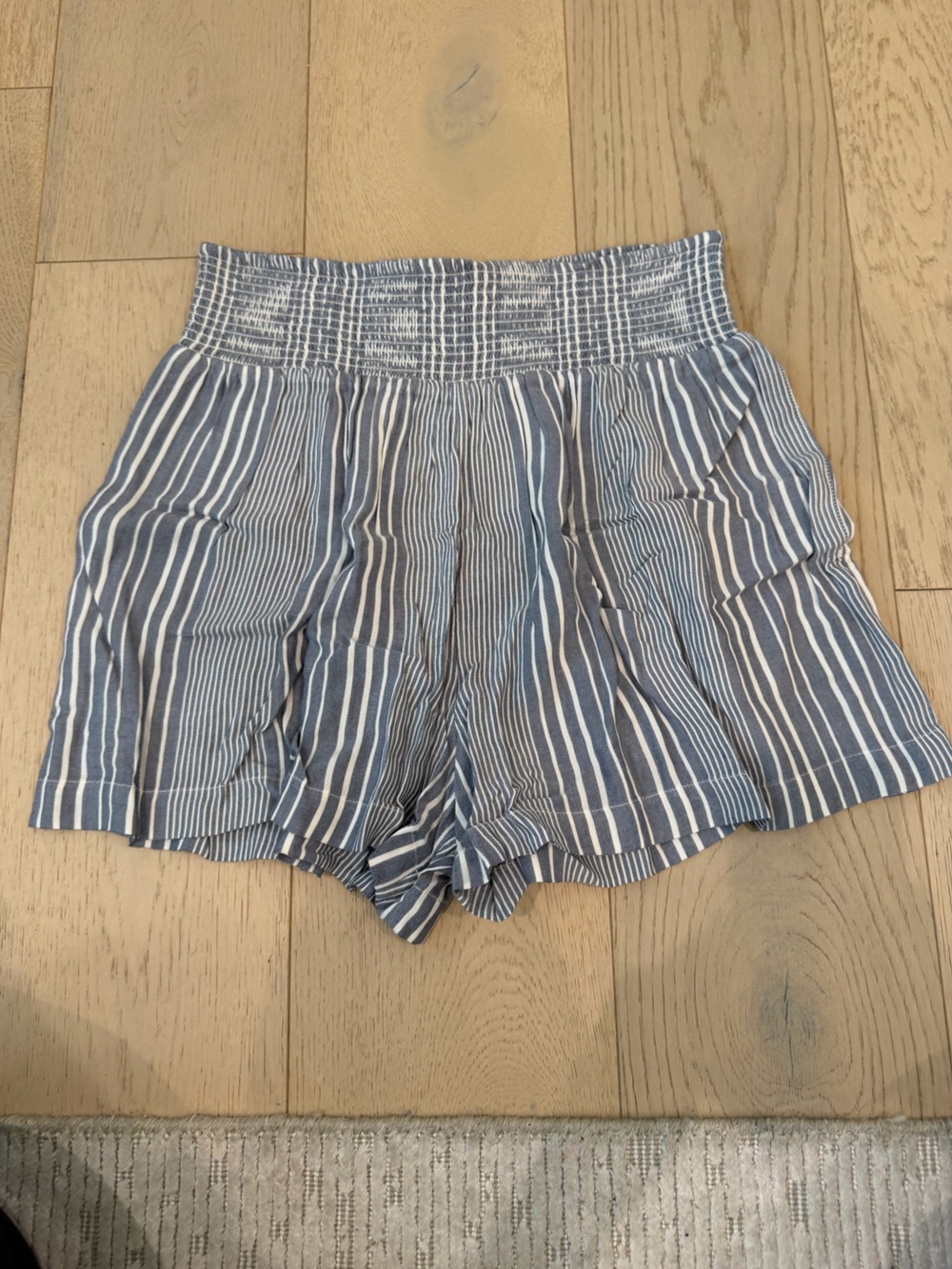 American Eagle Outfitters Blue and White Striped High-Waist Smocked Shorts